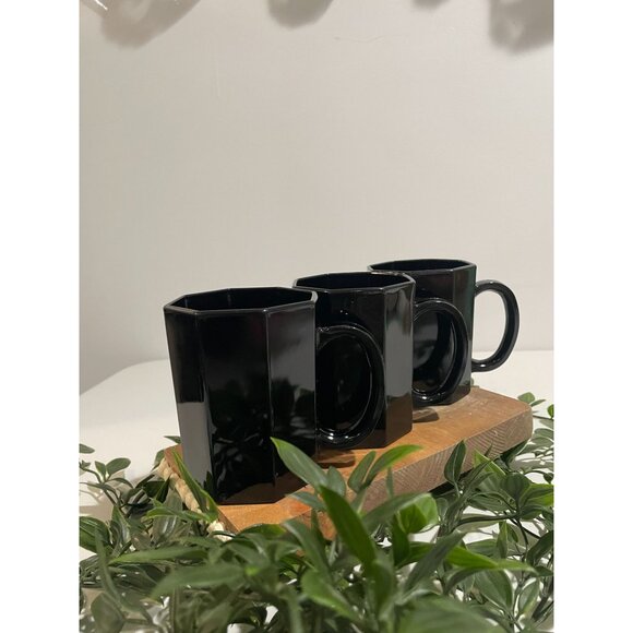 3 Mid Century Style Black Glass Octagon Coffee Mugs Cups ARCOROC France OCTIME - Picture 6 of 14